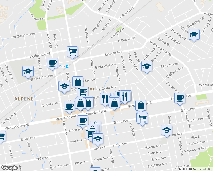 map of restaurants, bars, coffee shops, grocery stores, and more near 133 East Grant Avenue in Roselle Park