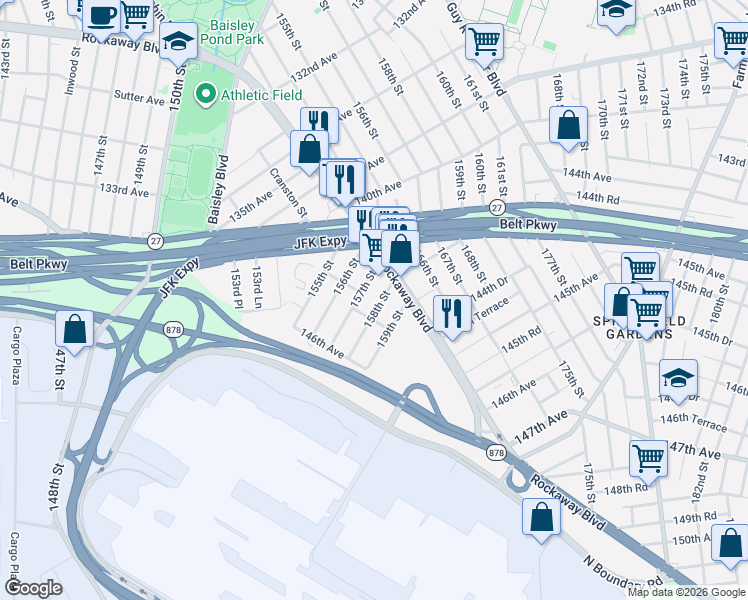 map of restaurants, bars, coffee shops, grocery stores, and more near 144-51 157th Street in Queens