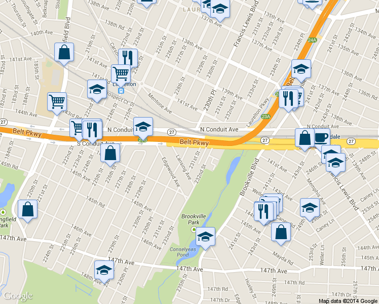 map of restaurants, bars, coffee shops, grocery stores, and more near 142-13 230th Pl in Queens