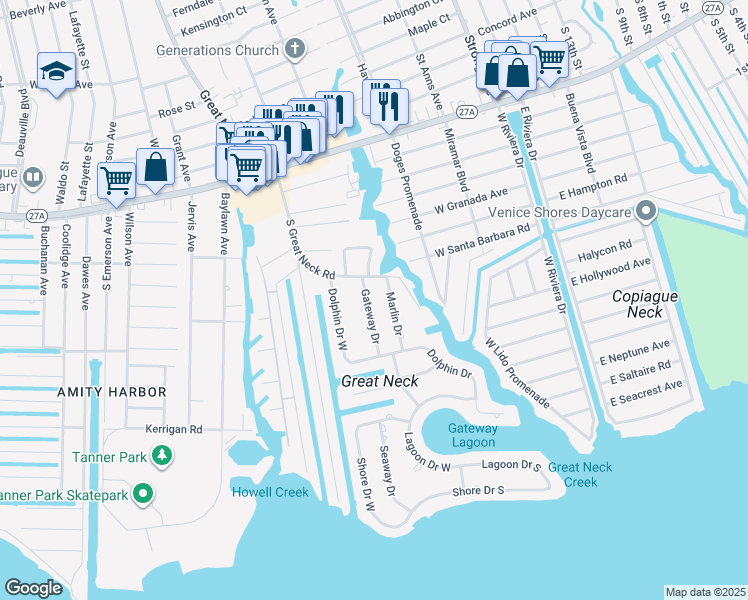 map of restaurants, bars, coffee shops, grocery stores, and more near 25 Gateway Drive in Copiague