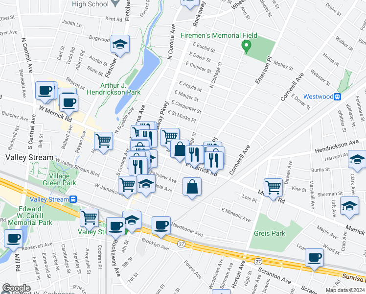 map of restaurants, bars, coffee shops, grocery stores, and more near 71 East Maple Street in Valley Stream