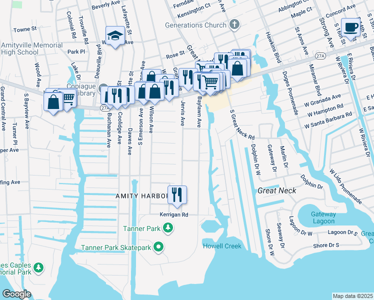 map of restaurants, bars, coffee shops, grocery stores, and more near 153 Jervis Avenue in Copiague