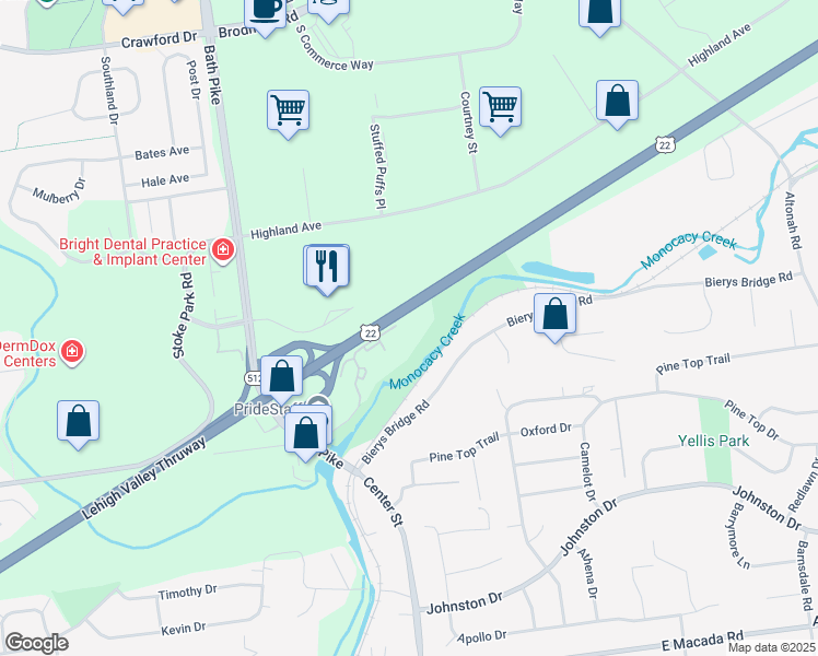 map of restaurants, bars, coffee shops, grocery stores, and more near 3466 Park Place in Bethlehem