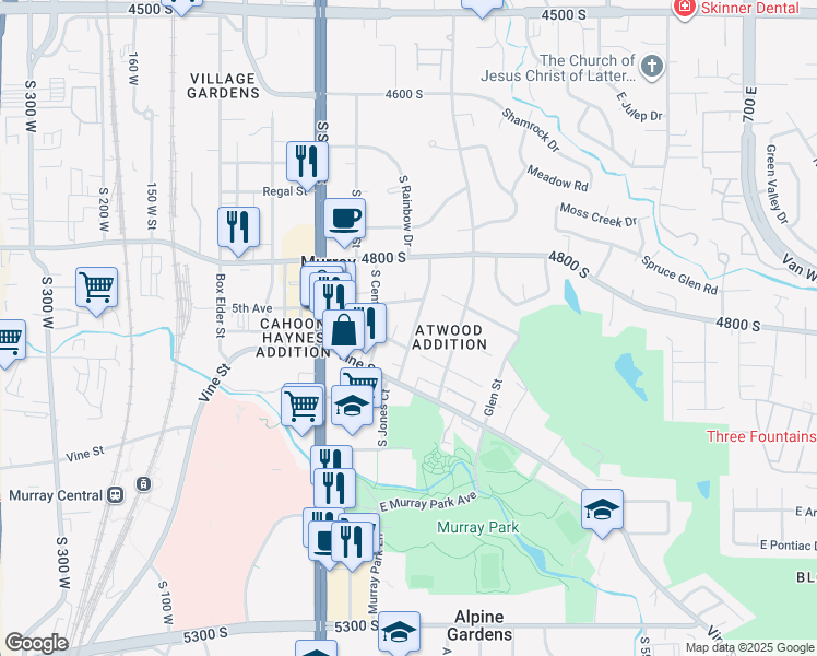 map of restaurants, bars, coffee shops, grocery stores, and more near 4912 South Wasatch Street in Murray