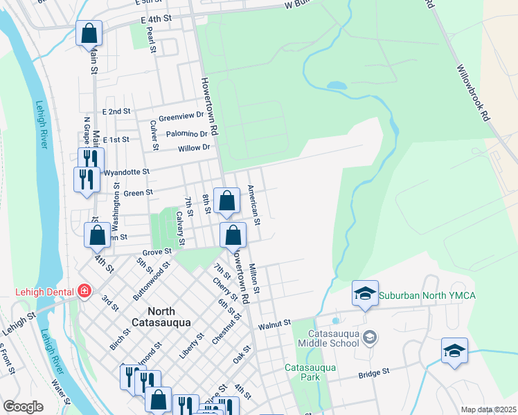 map of restaurants, bars, coffee shops, grocery stores, and more near 1153 American Street in Catasauqua