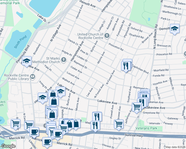 map of restaurants, bars, coffee shops, grocery stores, and more near 285 Morris Avenue in Rockville Centre
