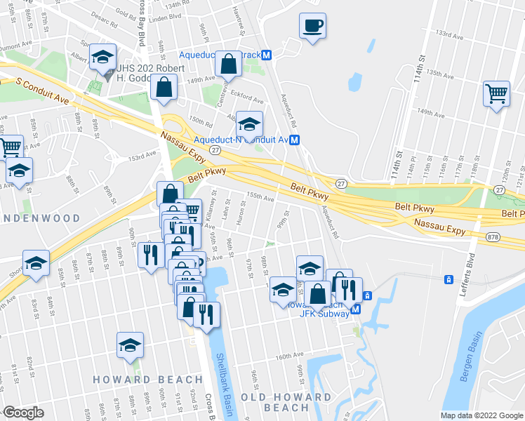 map of restaurants, bars, coffee shops, grocery stores, and more near 155-17 Bridgeton Street in Queens