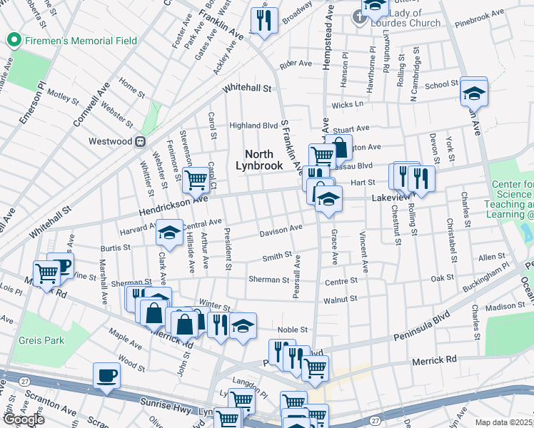 map of restaurants, bars, coffee shops, grocery stores, and more near 47 Hodson Avenue in Lynbrook