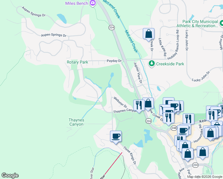 map of restaurants, bars, coffee shops, grocery stores, and more near 2212 Three Kings Court in Park City