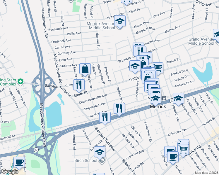 map of restaurants, bars, coffee shops, grocery stores, and more near 125 Smith Street in Merrick