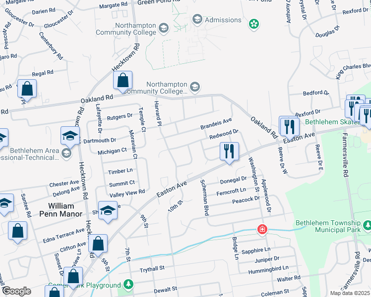 map of restaurants, bars, coffee shops, grocery stores, and more near 3895 Cypress Lane in Bethlehem
