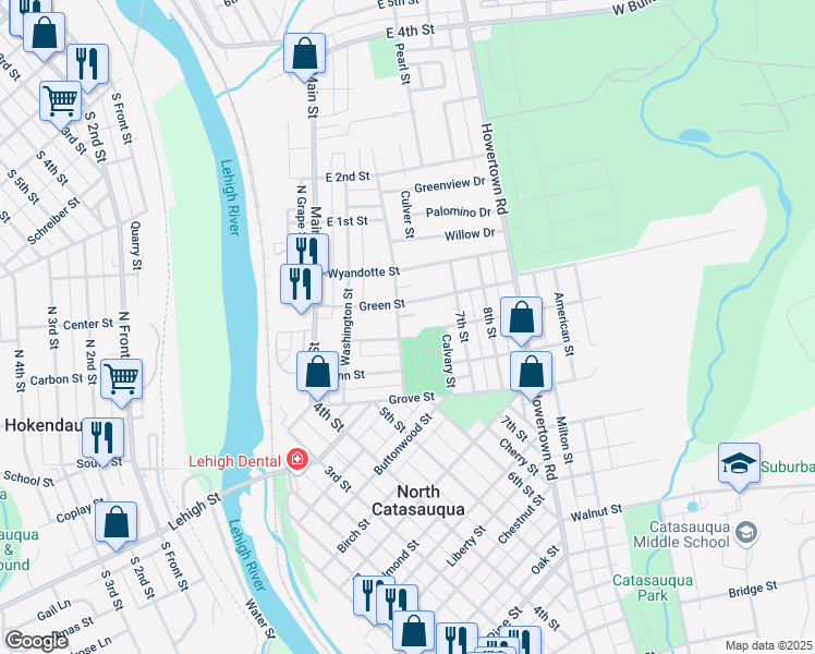 map of restaurants, bars, coffee shops, grocery stores, and more near 1503 Lincoln Street in Catasauqua