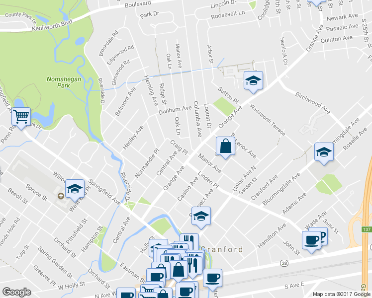 map of restaurants, bars, coffee shops, grocery stores, and more near 4 Craig Place in Cranford