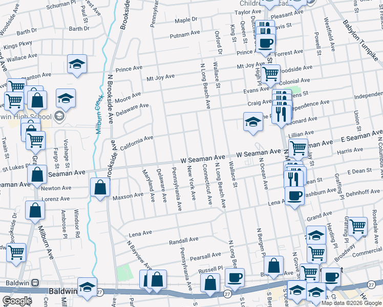 map of restaurants, bars, coffee shops, grocery stores, and more near 104 New York Ave in Freeport