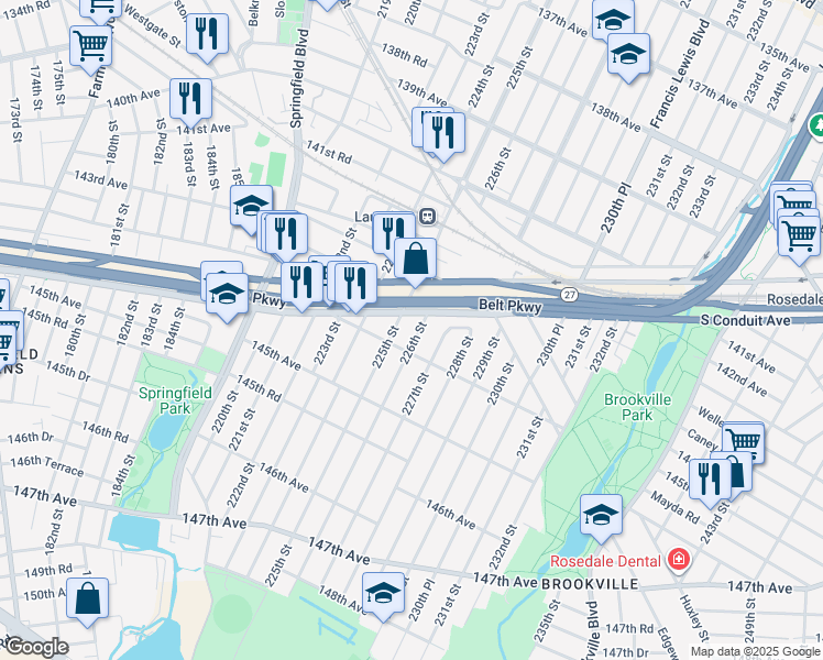 map of restaurants, bars, coffee shops, grocery stores, and more near 143-62 226th Street in Queens