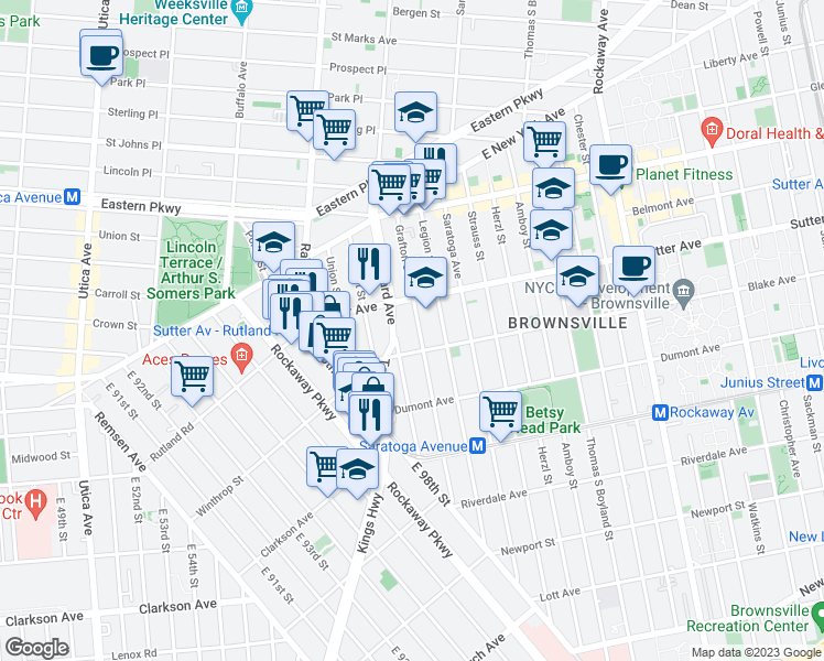 map of restaurants, bars, coffee shops, grocery stores, and more near 134 Grafton St in Brooklyn
