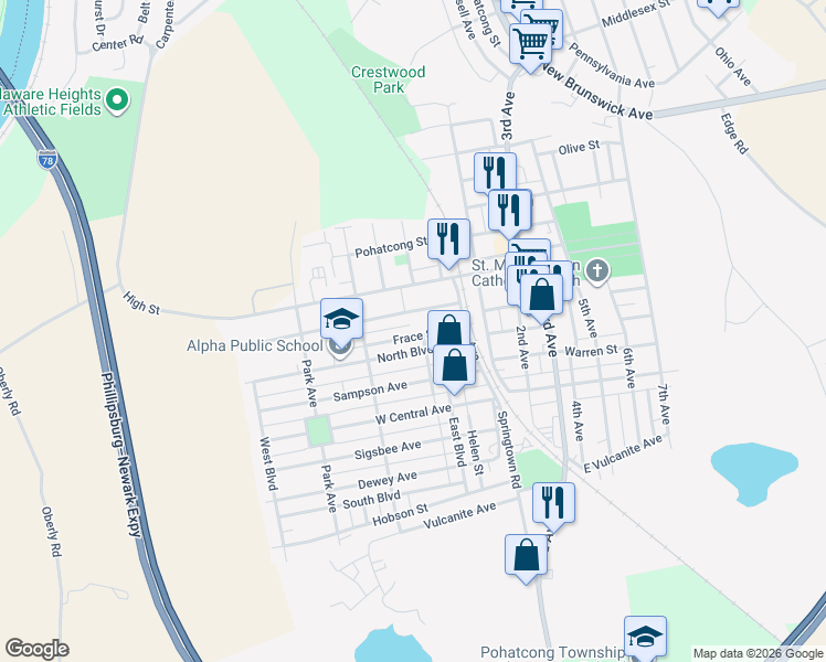 map of restaurants, bars, coffee shops, grocery stores, and more near 17 Lyons Court in Phillipsburg