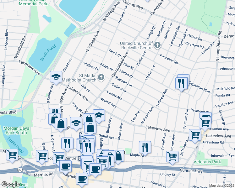map of restaurants, bars, coffee shops, grocery stores, and more near 39 Locust Avenue in Rockville Centre