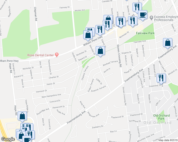 map of restaurants, bars, coffee shops, grocery stores, and more near 4313 Winfield Terrace in Easton