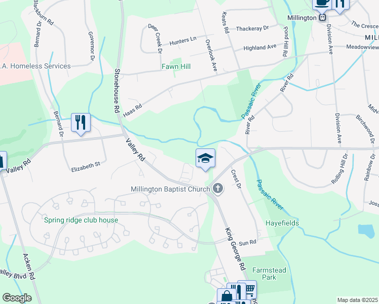 map of restaurants, bars, coffee shops, grocery stores, and more near 3074 Valley Road in Bernards