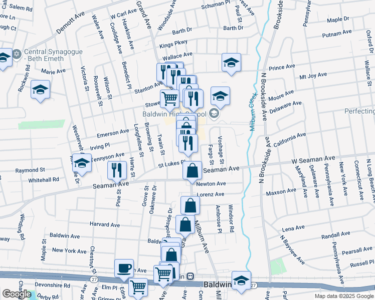 map of restaurants, bars, coffee shops, grocery stores, and more near 1848 Grand Avenue in Baldwin