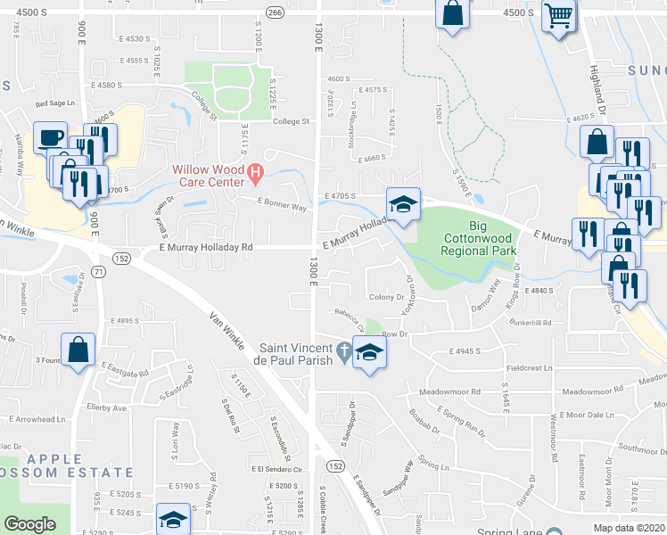 map of restaurants, bars, coffee shops, grocery stores, and more near 1319 East Foxmont Lane in Holladay