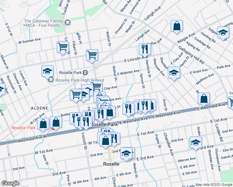 map of restaurants, bars, coffee shops, grocery stores, and more near 312 Walnut Street in Roselle Park