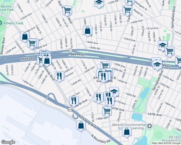 map of restaurants, bars, coffee shops, grocery stores, and more near 145-06 177th Street in Queens