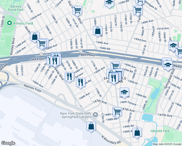 map of restaurants, bars, coffee shops, grocery stores, and more near 175-07 145th Avenue in Queens