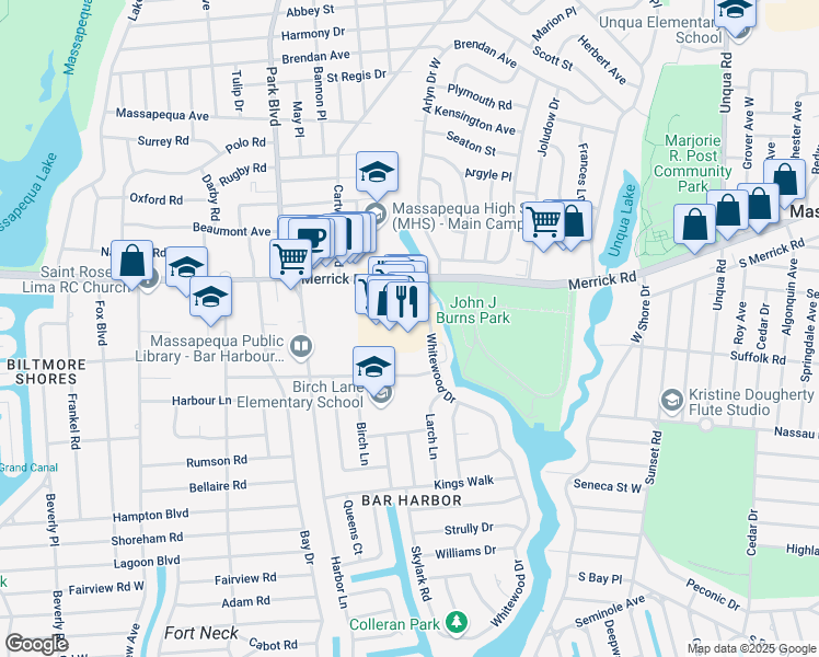 map of restaurants, bars, coffee shops, grocery stores, and more near 4940 Merrick Road in Massapequa Park