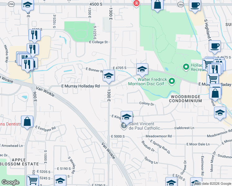 map of restaurants, bars, coffee shops, grocery stores, and more near 1319 East Foxmont Lane in Holladay
