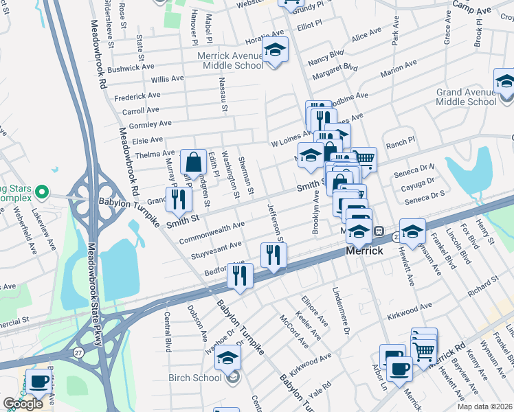 map of restaurants, bars, coffee shops, grocery stores, and more near 125 Smith Street in Merrick
