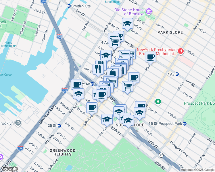 map of restaurants, bars, coffee shops, grocery stores, and more near 162 16th Street in Brooklyn