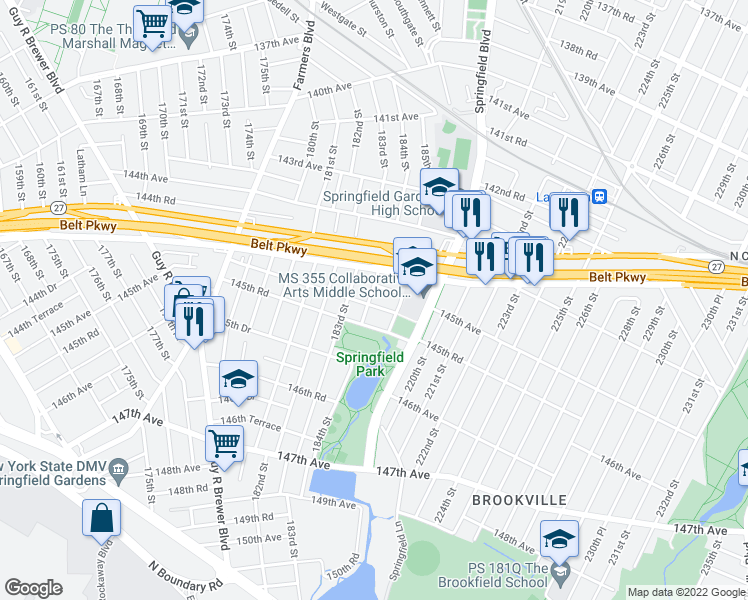 map of restaurants, bars, coffee shops, grocery stores, and more near 184-03 145th Avenue in Queens