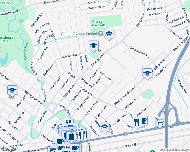 map of restaurants, bars, coffee shops, grocery stores, and more near 424 Casino Avenue in Cranford