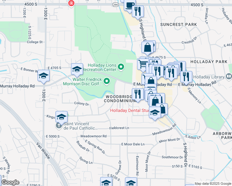 map of restaurants, bars, coffee shops, grocery stores, and more near 4811 South 1665 East in Holladay