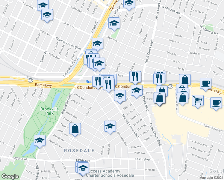 map of restaurants, bars, coffee shops, grocery stores, and more near 139-33 245th Street in Queens