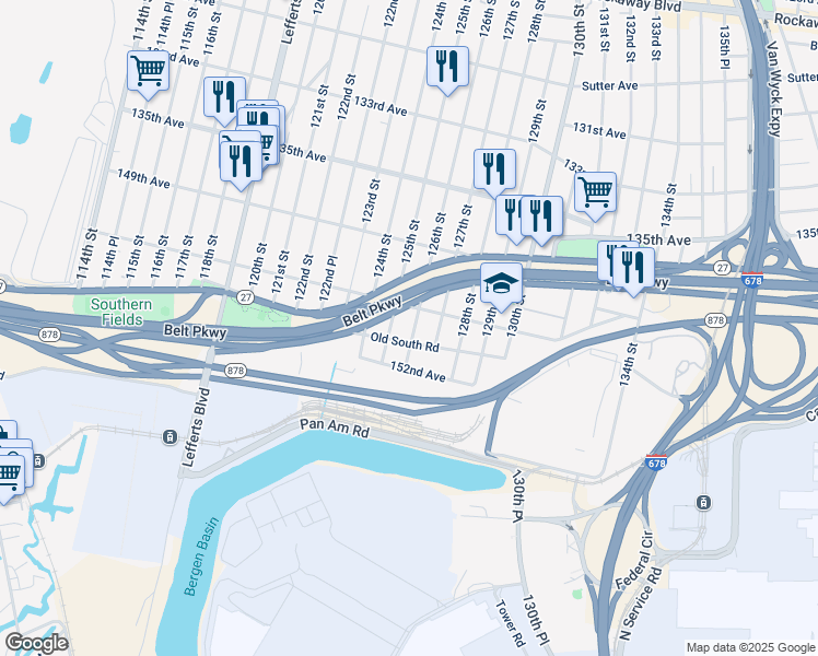 map of restaurants, bars, coffee shops, grocery stores, and more near 150-20 126th Street in Queens