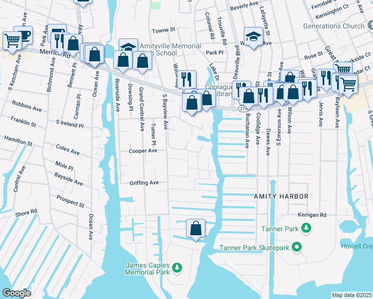 map of restaurants, bars, coffee shops, grocery stores, and more near 142 Harbor South in Amityville