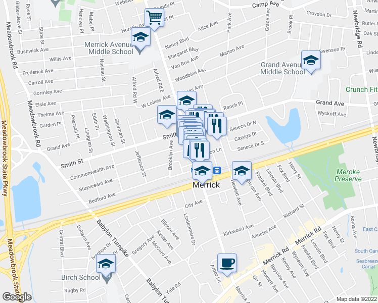map of restaurants, bars, coffee shops, grocery stores, and more near 2165 Merrick Avenue in Merrick