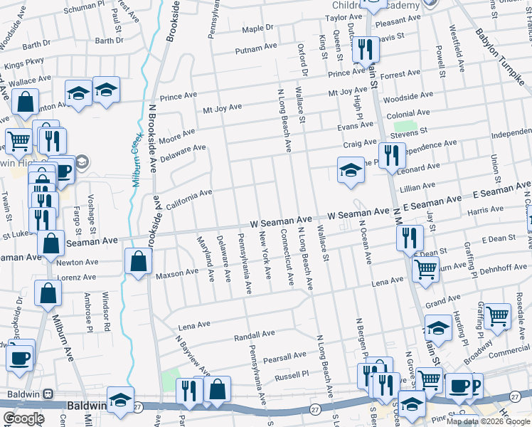 map of restaurants, bars, coffee shops, grocery stores, and more near 104 New York Avenue in Freeport