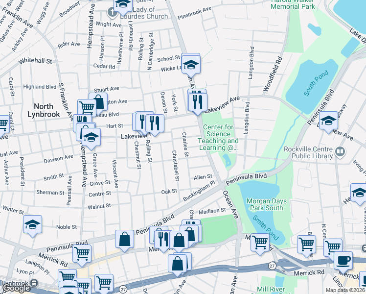 map of restaurants, bars, coffee shops, grocery stores, and more near 185 Charles Street in Lynbrook