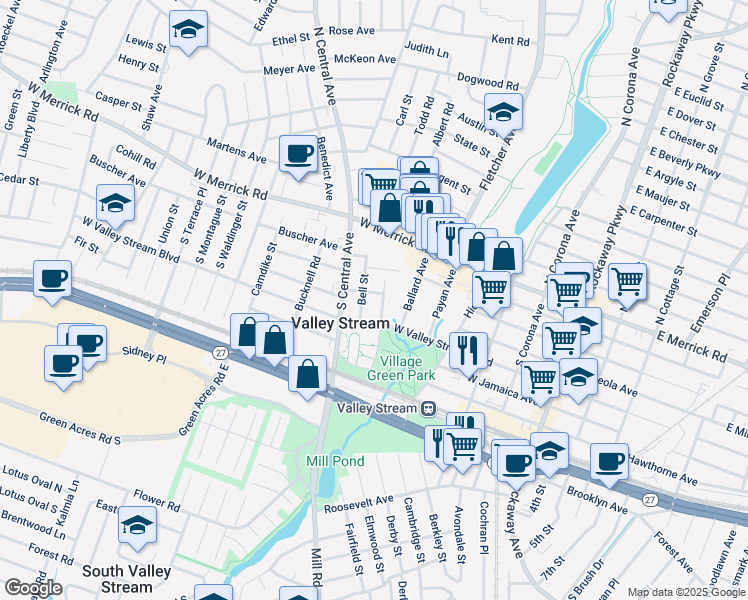 map of restaurants, bars, coffee shops, grocery stores, and more near 10 Hamilton Place in Valley Stream