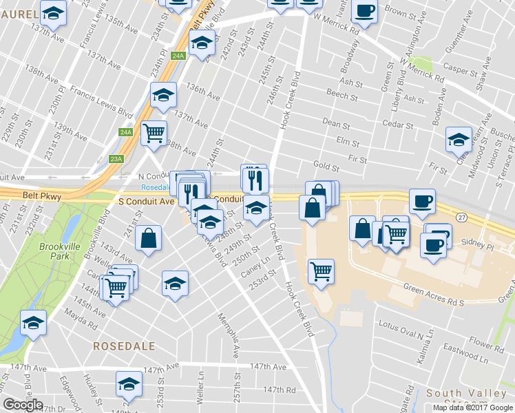 map of restaurants, bars, coffee shops, grocery stores, and more near 138-27 247th Street in Queens