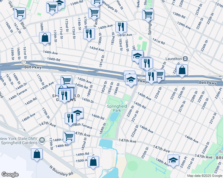 map of restaurants, bars, coffee shops, grocery stores, and more near 182-16 145th Avenue in Queens