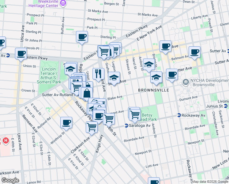 map of restaurants, bars, coffee shops, grocery stores, and more near 134 Grafton Street in Brooklyn