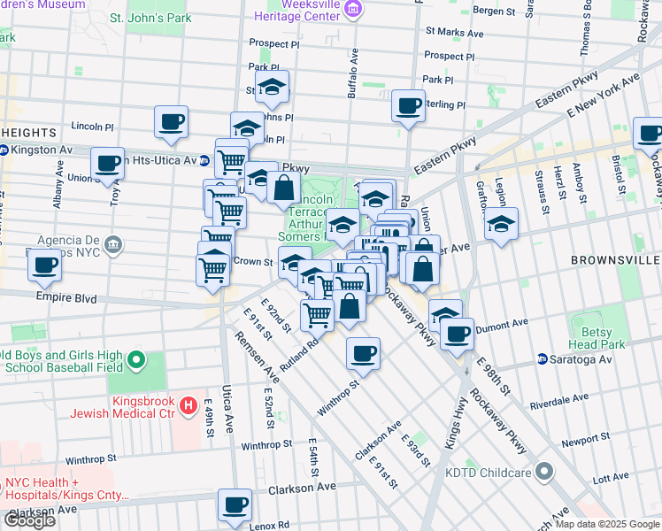 map of restaurants, bars, coffee shops, grocery stores, and more near 24 East 96th Street in Brooklyn