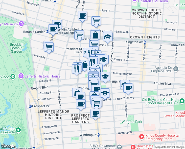 map of restaurants, bars, coffee shops, grocery stores, and more near 287 Sullivan Place in Brooklyn