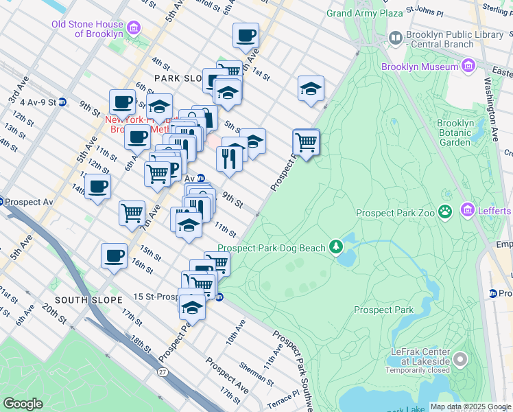 map of restaurants, bars, coffee shops, grocery stores, and more near 139 Prospect Park West in Brooklyn