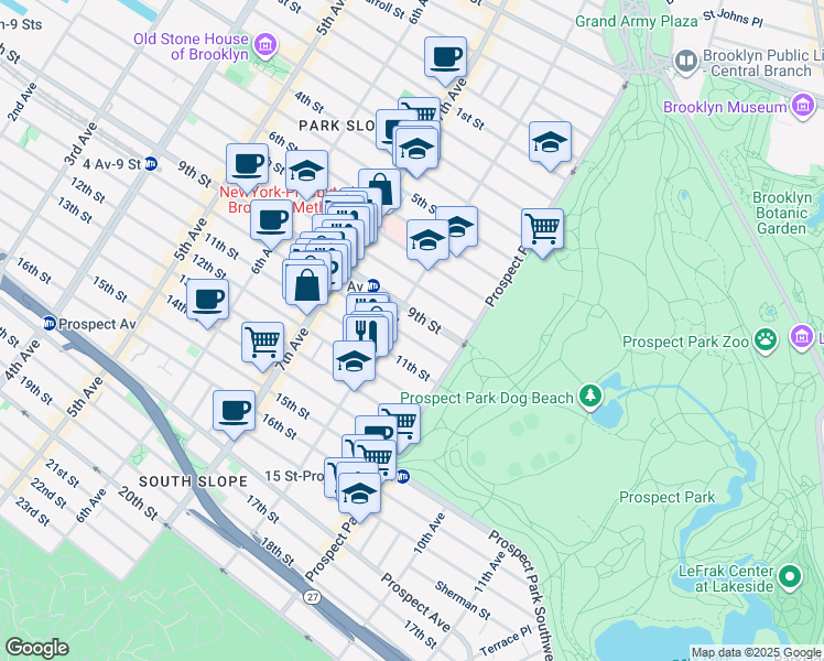 map of restaurants, bars, coffee shops, grocery stores, and more near 544 9th Street in Brooklyn